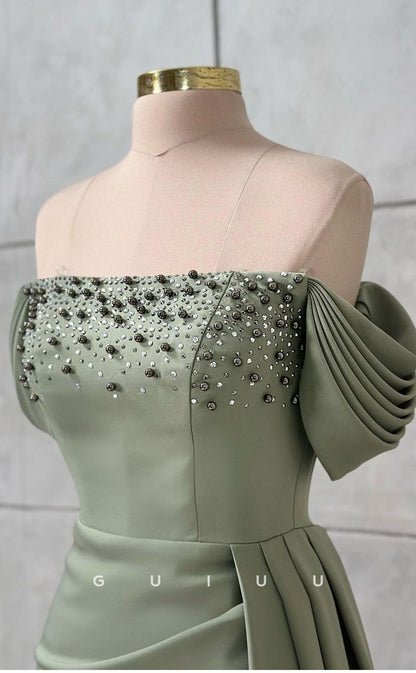 G3433 - Classic & Timeless Off Shoulder Beaded With Double Slit Draped Sweep Train Floor-Length Evening Gown Prom Dress