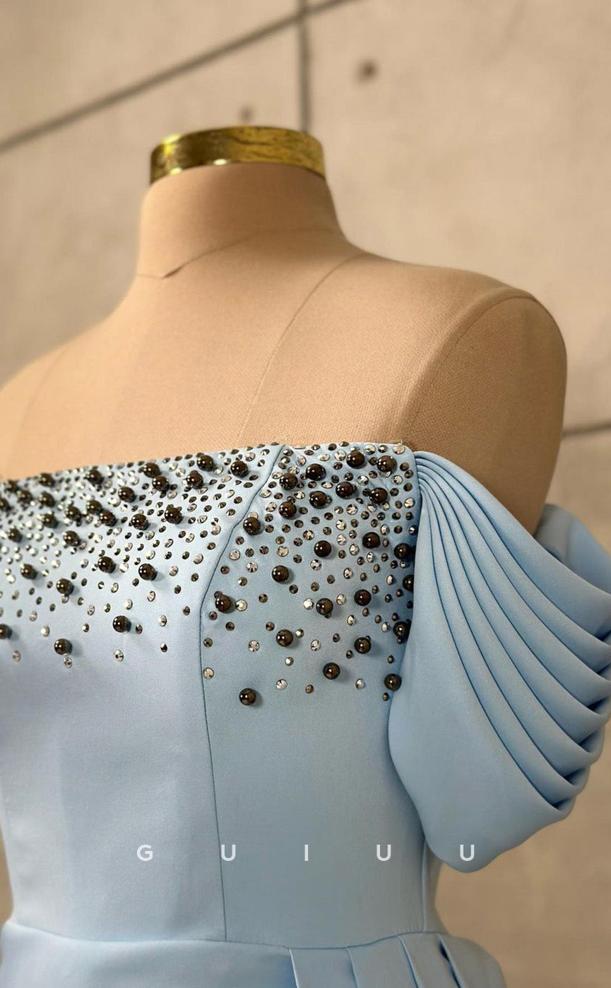 G3433 - Classic & Timeless Off Shoulder Beaded With Double Slit Draped Sweep Train Floor-Length Evening Gown Prom Dress