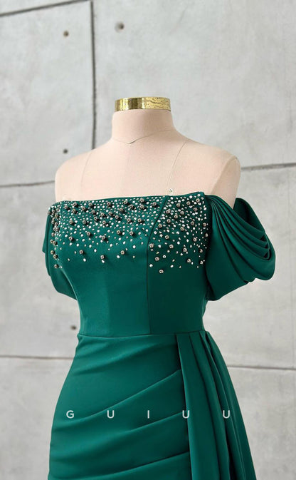 G3433 - Classic & Timeless Off Shoulder Beaded With Double Slit Draped Sweep Train Floor-Length Evening Gown Prom Dress