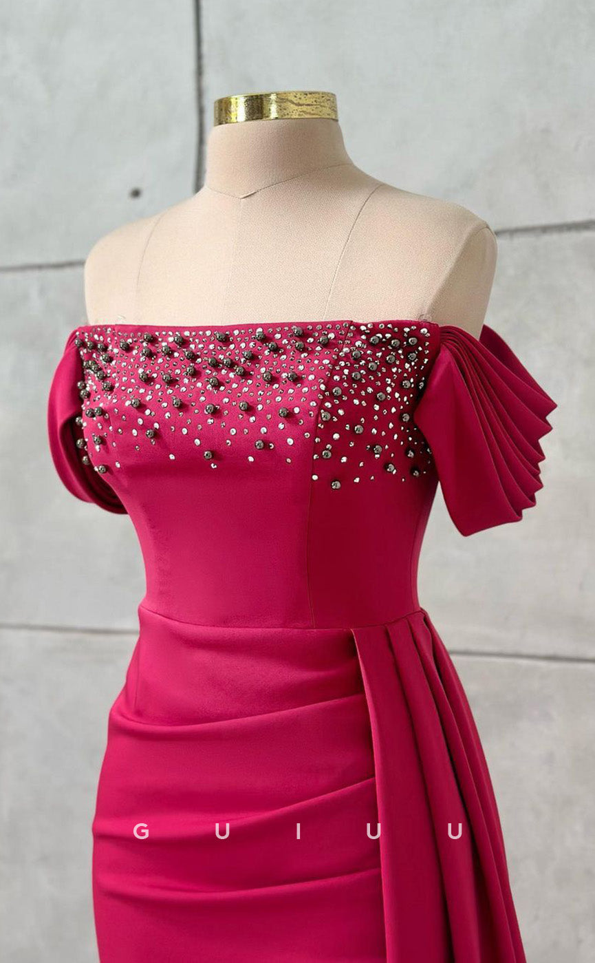 G3433 - Classic & Timeless Off Shoulder Beaded With Double Slit Draped Sweep Train Floor-Length Evening Gown Prom Dress