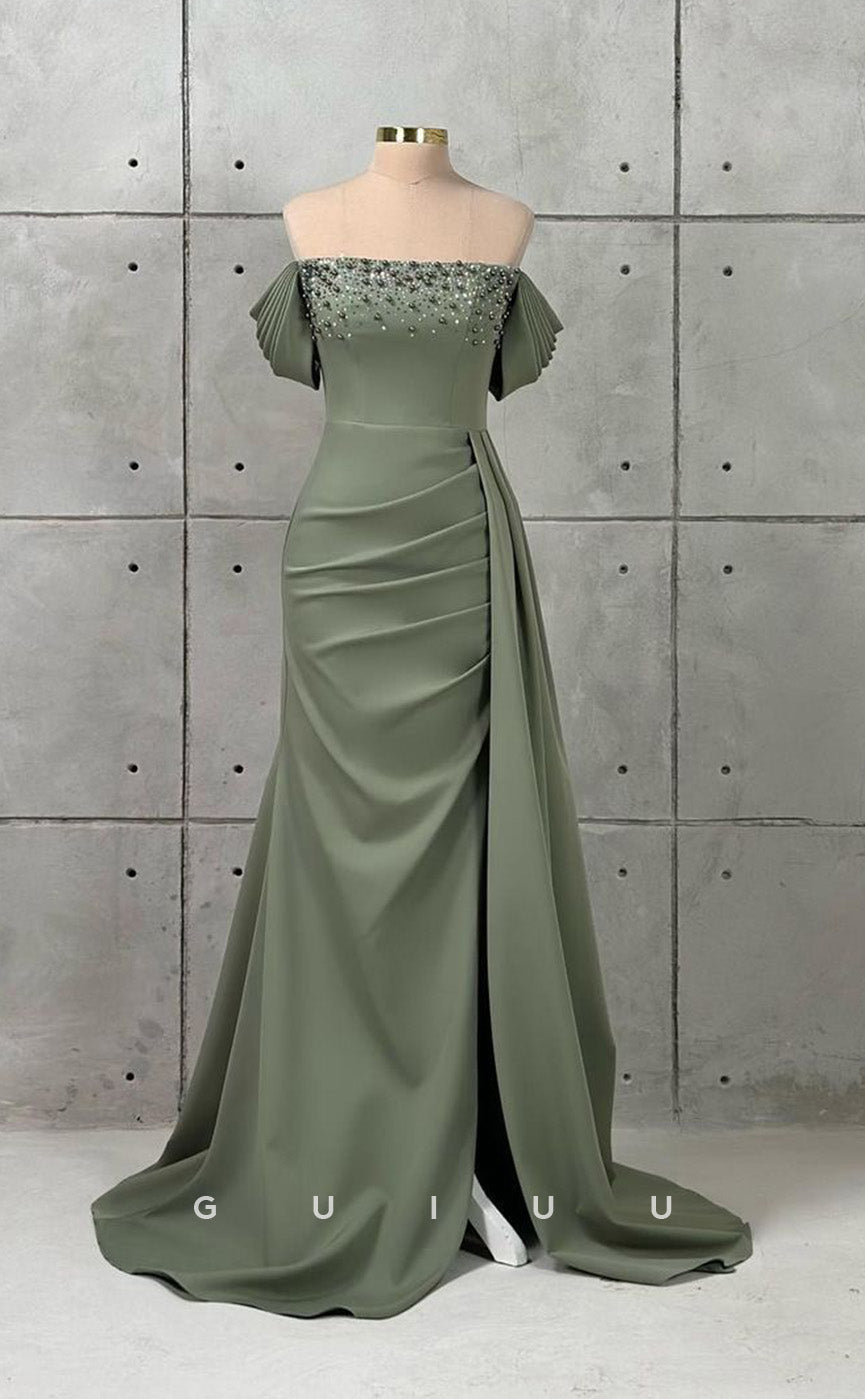 G3433 - Classic & Timeless Off Shoulder Beaded With Double Slit Draped Sweep Train Floor-Length Evening Gown Prom Dress