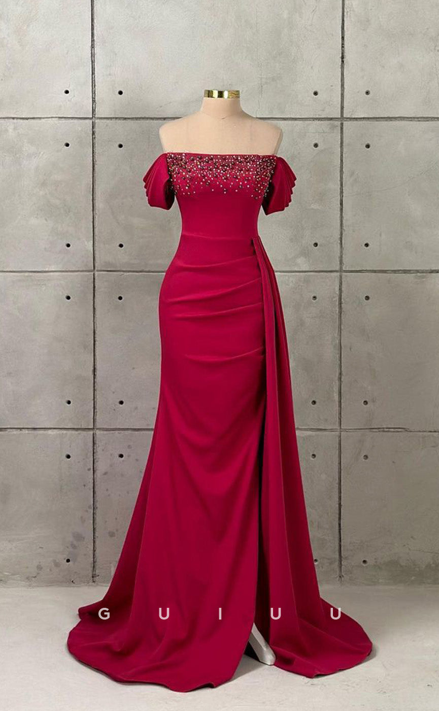 G3433 - Classic & Timeless Off Shoulder Beaded With Double Slit Draped Sweep Train Floor-Length Evening Gown Prom Dress