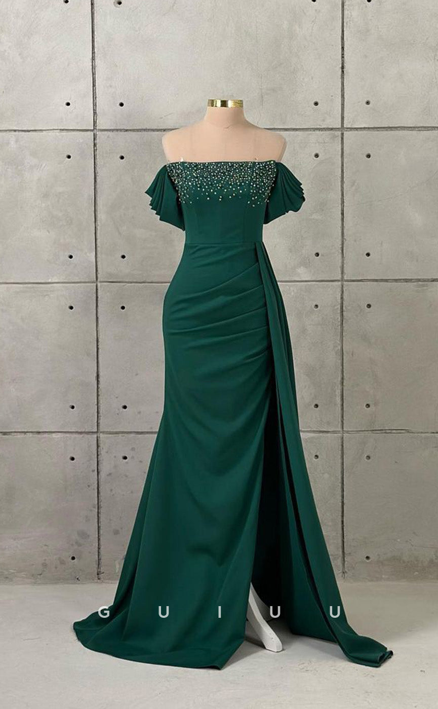 G3433 - Classic & Timeless Off Shoulder Beaded With Double Slit Draped Sweep Train Floor-Length Evening Gown Prom Dress