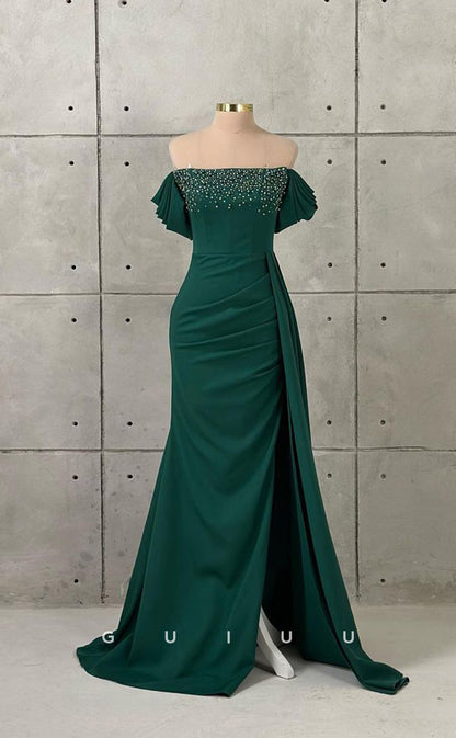G3433 - Classic & Timeless Off Shoulder Beaded With Double Slit Draped Sweep Train Floor-Length Evening Gown Prom Dress