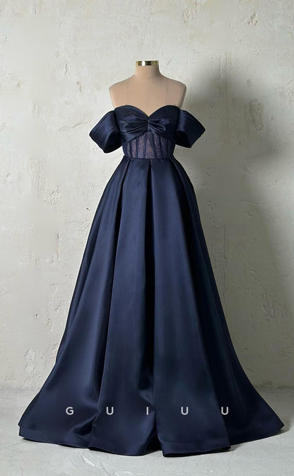 G3434 - Chic & Modern A-Line Sweetheart Off Shoulder Lace Draped Floor-Length Long Ballgown Prom Dress