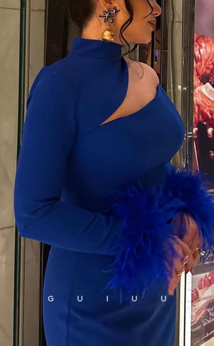 G3443 - Sexy & Hot Sheatth Halter Asymmetrical Long Sleeves Feather Floor-Length Party Prom Dress
