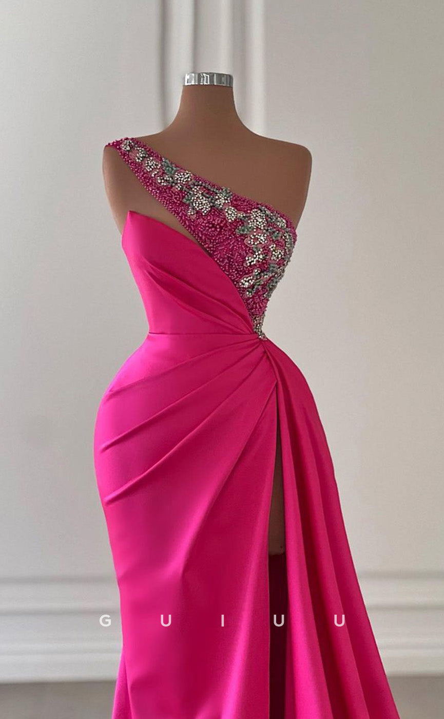 G3457 - Chic & Modern Sheath One Shoulder Beaded Draped High Side Slit Floor-Length Gown Prom Dress