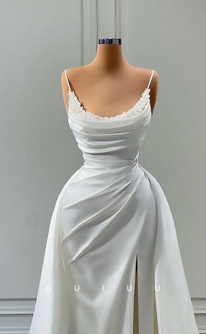 G3458 - Chic & Modern Sheath Scoop Straps Lace Draped High Side Slit Overlay Sweep Train Ball Gown Prom Dress