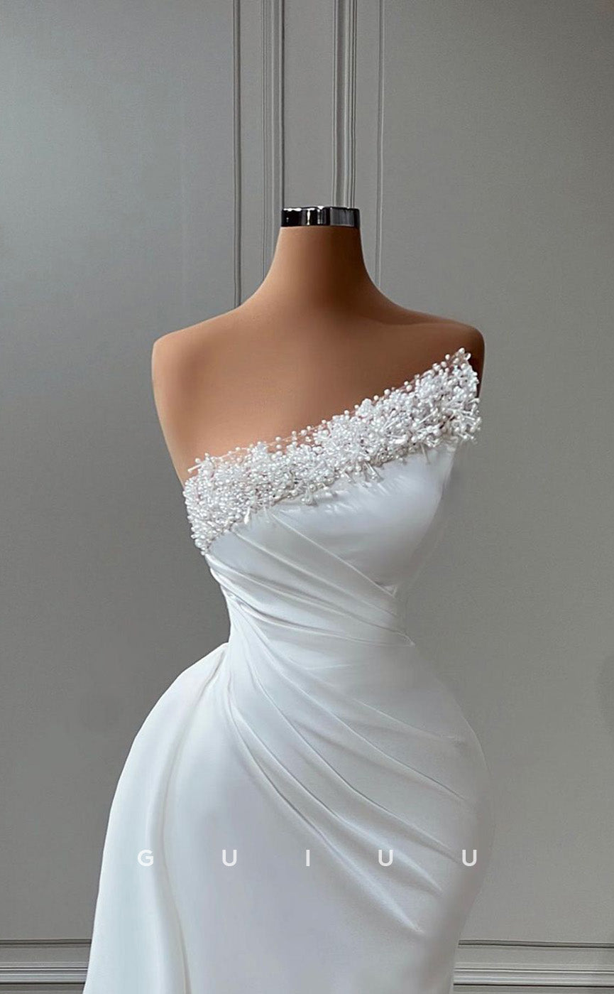 G3459 - Sexy & Hot Sheath Asymmetrical Draped Beaded Pearls Floor-Length Party Prom Dress With Overlay