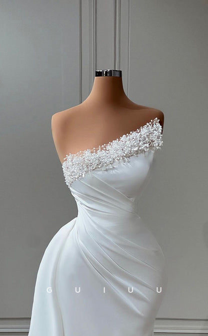 G3459 - Sexy & Hot Sheath Asymmetrical Draped Beaded Pearls Floor-Length Party Prom Dress With Overlay