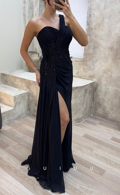 G3481 - Classic & Timeless A-Line Sweetheart One Shoulder Draped Beaded High Side Slit Floor-Length Party Prom Dress