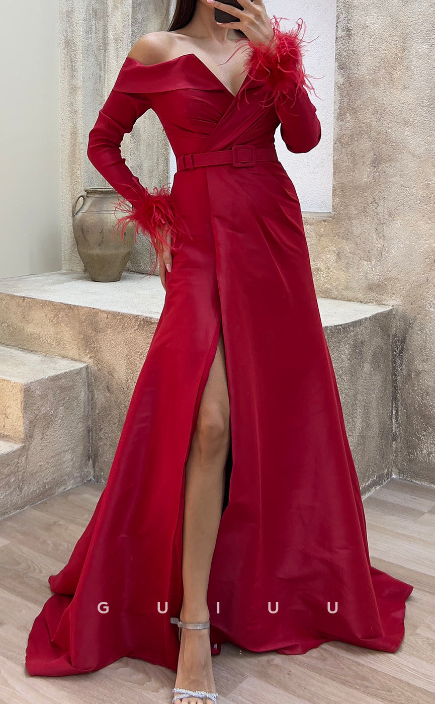 G3486 - Chic & Modern A-Line V-Neck Off Shoulder High Side Slit Sash Long Sleeves Feather Floor-Length Party Ballgown Prom Dress