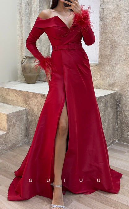 G3486 - Chic & Modern A-Line V-Neck Off Shoulder High Side Slit Sash Long Sleeves Feather Floor-Length Party Ballgown Prom Dress