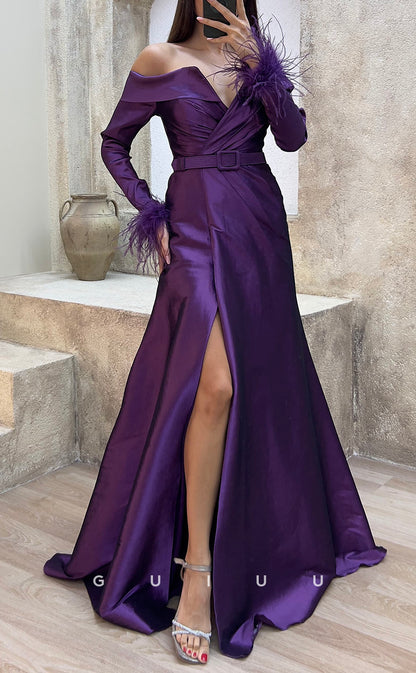 G3486 - Chic & Modern A-Line V-Neck Off Shoulder High Side Slit Sash Long Sleeves Feather Floor-Length Party Ballgown Prom Dress