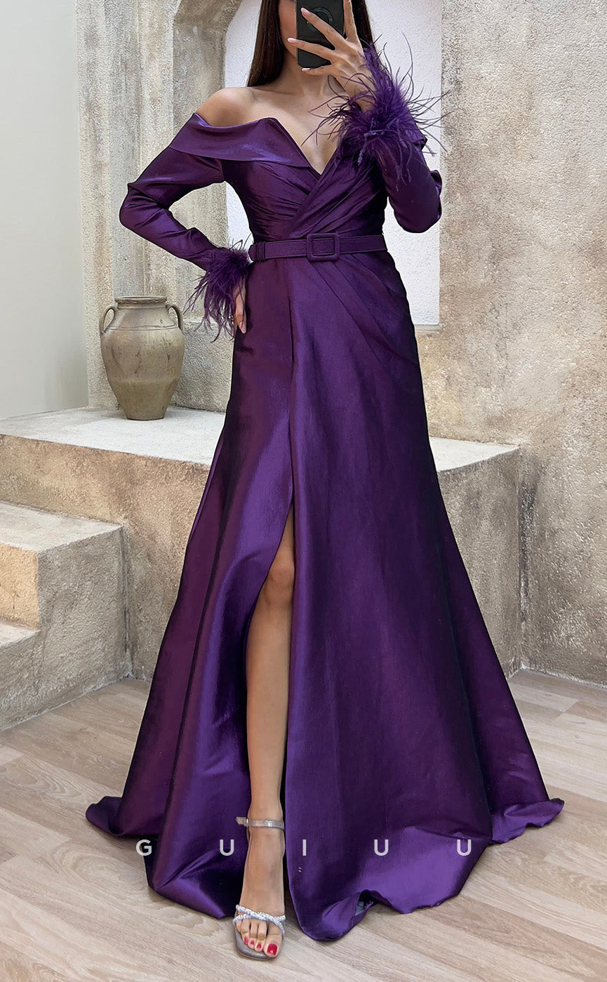 G3486 - Chic & Modern A-Line V-Neck Off Shoulder High Side Slit Sash Long Sleeves Feather Floor-Length Party Ballgown Prom Dress