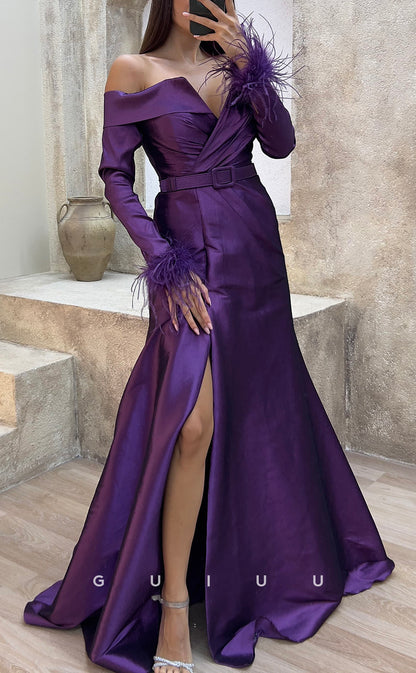 G3486 - Chic & Modern A-Line V-Neck Off Shoulder High Side Slit Sash Long Sleeves Feather Floor-Length Party Ballgown Prom Dress