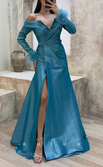 G3486 - Chic & Modern A-Line V-Neck Off Shoulder High Side Slit Sash Long Sleeves Feather Floor-Length Party Ballgown Prom Dress