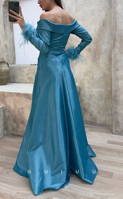 G3486 - Chic & Modern A-Line V-Neck Off Shoulder High Side Slit Sash Long Sleeves Feather Floor-Length Party Ballgown Prom Dress