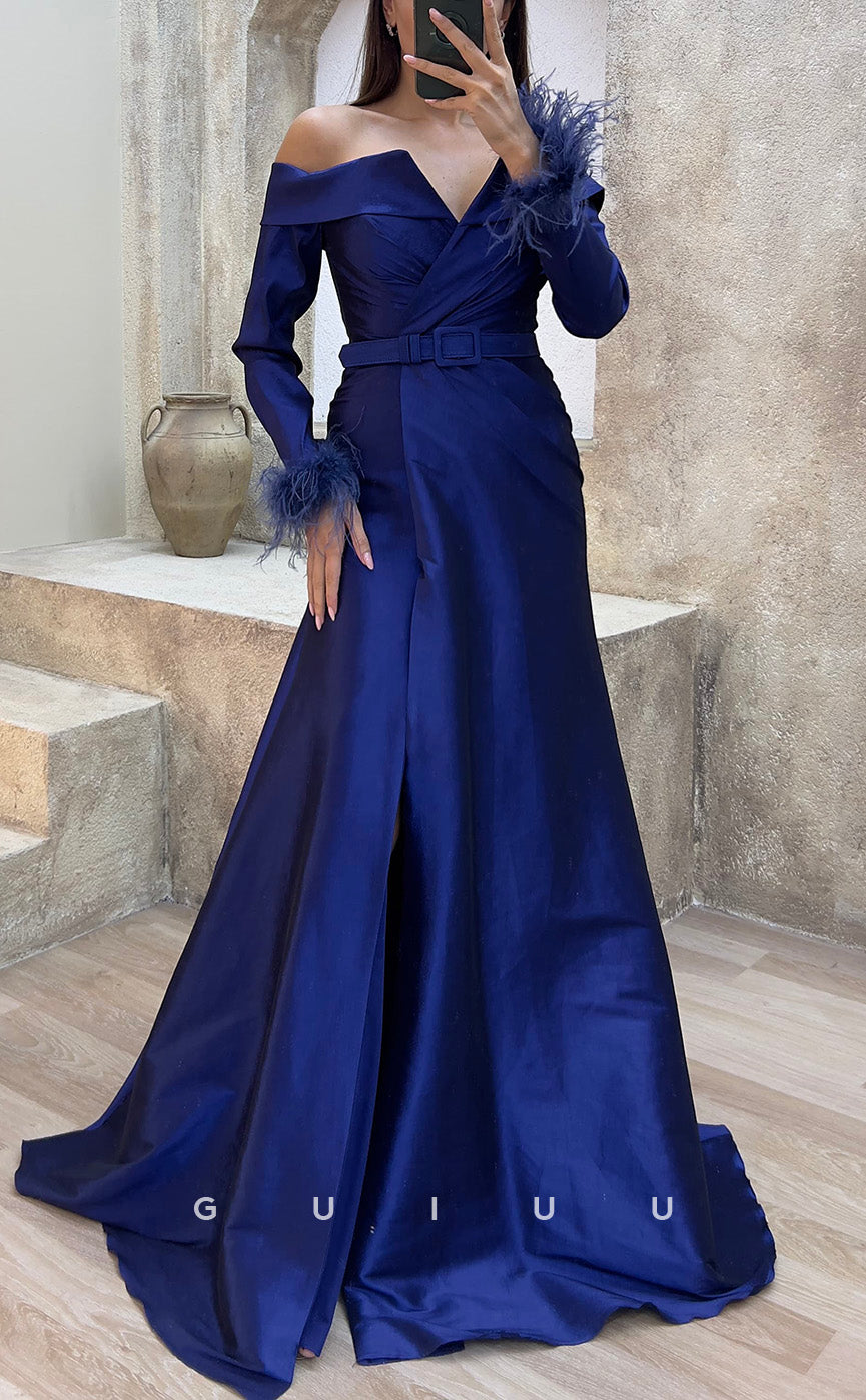 G3486 - Chic & Modern A-Line V-Neck Off Shoulder High Side Slit Sash Long Sleeves Feather Floor-Length Party Ballgown Prom Dress