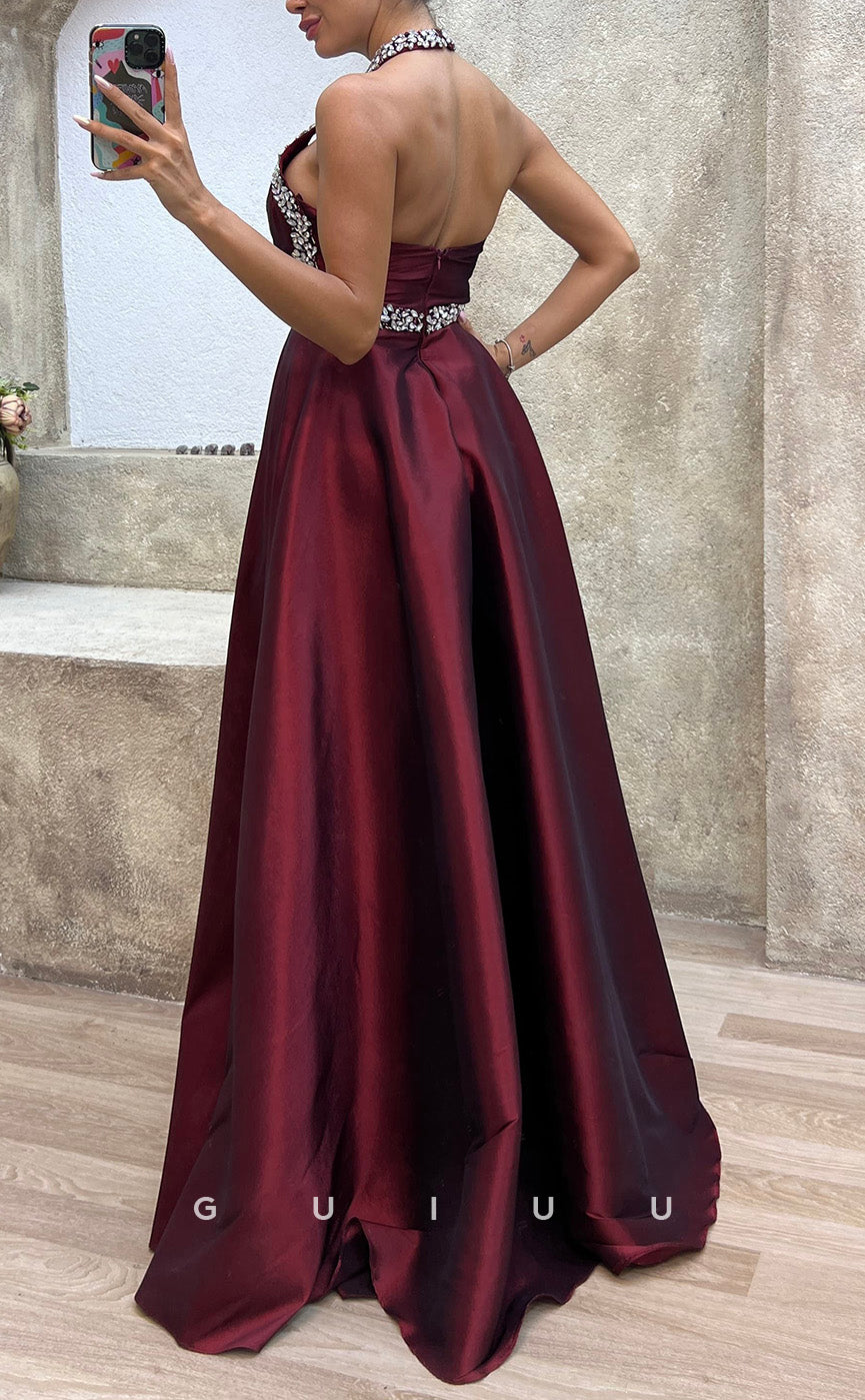 G3487 - Sexy & Hot Sheath Halter Beaded Cut Outs High Side Slit Draped Floor-Length Ballgown Prom Dress With Overlay