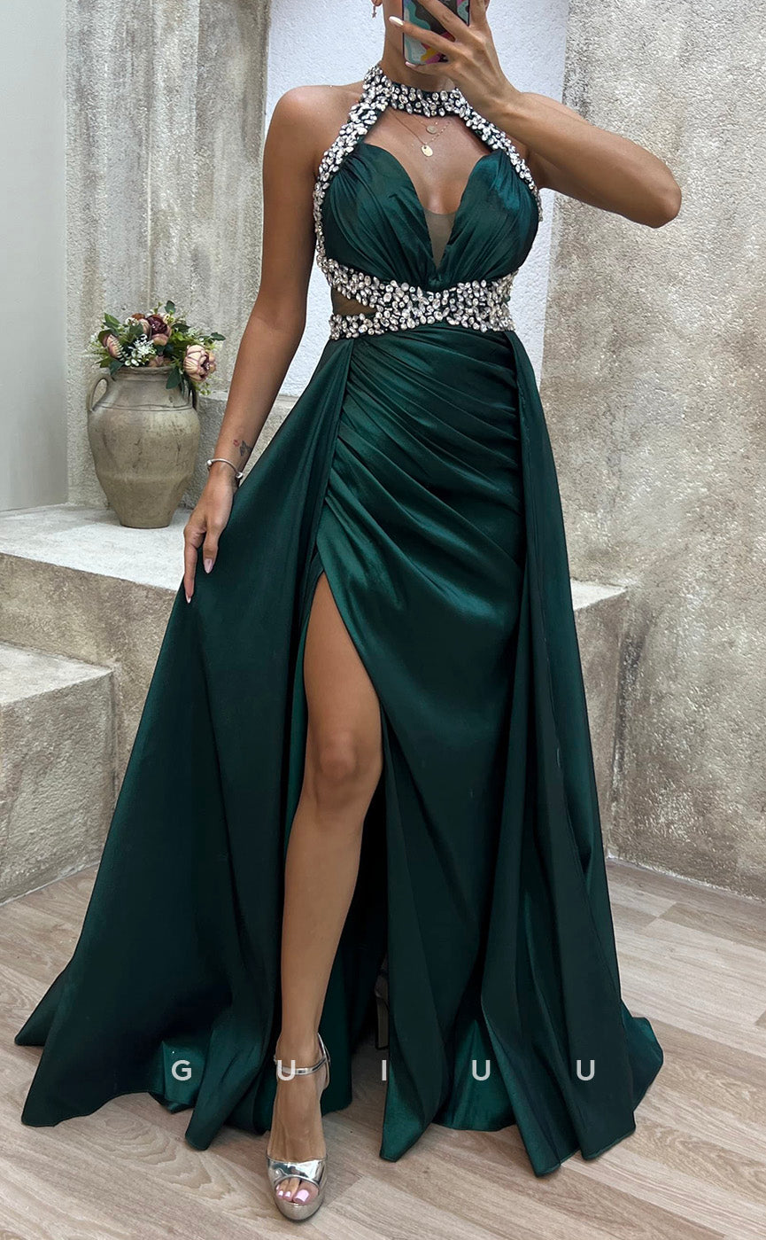 G3487 - Sexy & Hot Sheath Halter Beaded Cut Outs High Side Slit Draped Floor-Length Ballgown Prom Dress With Overlay