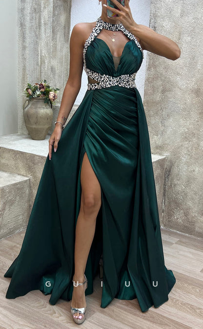G3487 - Sexy & Hot Sheath Halter Beaded Cut Outs High Side Slit Draped Floor-Length Ballgown Prom Dress With Overlay