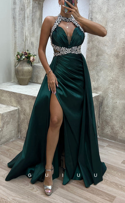 G3487 - Sexy & Hot Sheath Halter Beaded Cut Outs High Side Slit Draped Floor-Length Ballgown Prom Dress With Overlay