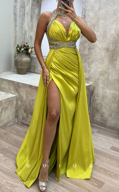 G3487 - Sexy & Hot Sheath Halter Beaded Cut Outs High Side Slit Draped Floor-Length Ballgown Prom Dress With Overlay