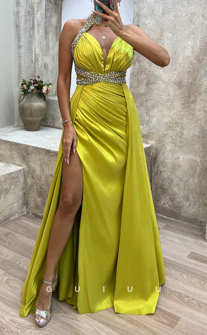 G3487 - Sexy & Hot Sheath Halter Beaded Cut Outs High Side Slit Draped Floor-Length Ballgown Prom Dress With Overlay