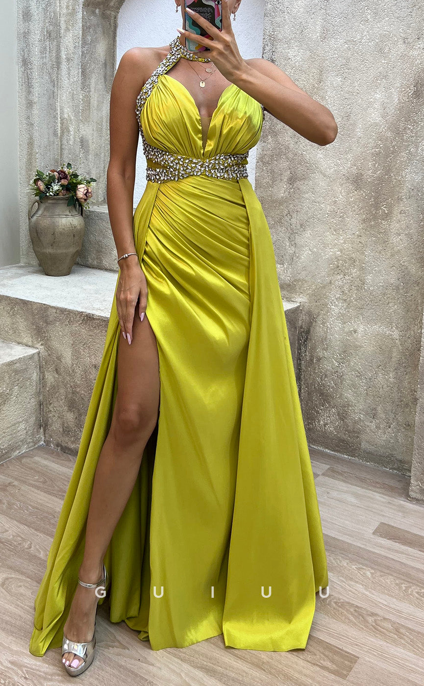 G3487 - Sexy & Hot Sheath Halter Beaded Cut Outs High Side Slit Draped Floor-Length Ballgown Prom Dress With Overlay