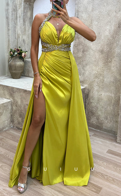 G3487 - Sexy & Hot Sheath Halter Beaded Cut Outs High Side Slit Draped Floor-Length Ballgown Prom Dress With Overlay