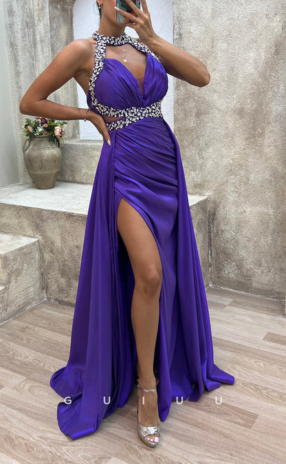 G3487 - Sexy & Hot Sheath Halter Beaded Cut Outs High Side Slit Draped Floor-Length Ballgown Prom Dress With Overlay