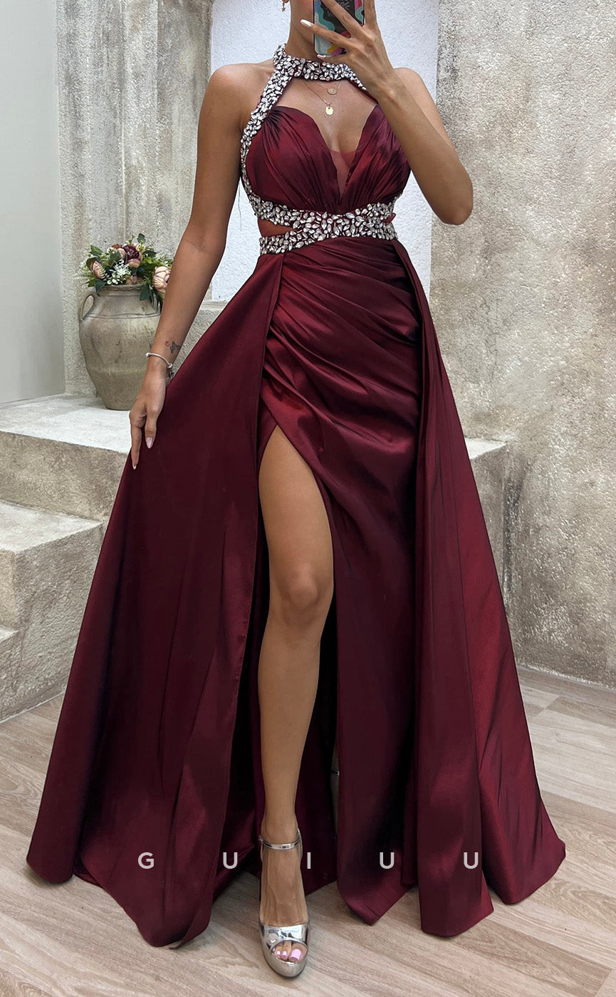 G3487 - Sexy & Hot Sheath Halter Beaded Cut Outs High Side Slit Draped Floor-Length Ballgown Prom Dress With Overlay