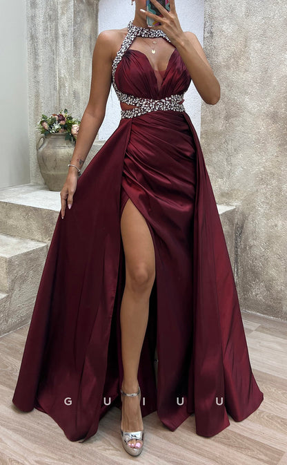 G3487 - Sexy & Hot Sheath Halter Beaded Cut Outs High Side Slit Draped Floor-Length Ballgown Prom Dress With Overlay