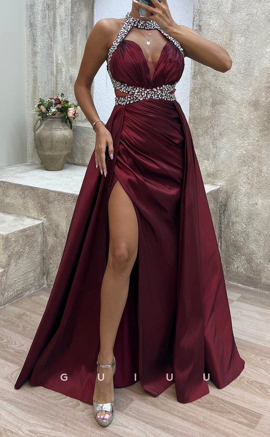 G3487 - Sexy & Hot Sheath Halter Beaded Cut Outs High Side Slit Draped Floor-Length Ballgown Prom Dress With Overlay