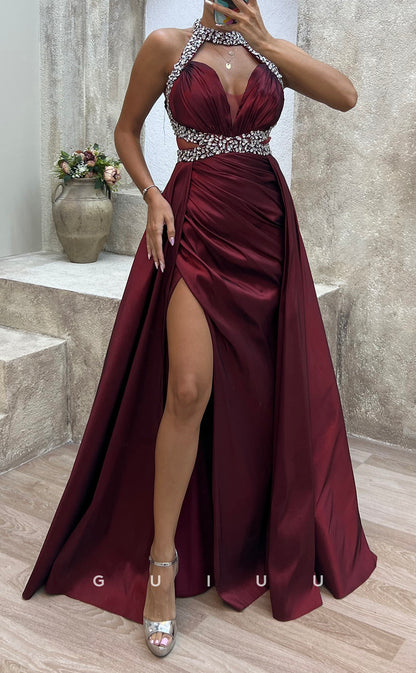 G3487 - Sexy & Hot Sheath Halter Beaded Cut Outs High Side Slit Draped Floor-Length Ballgown Prom Dress With Overlay