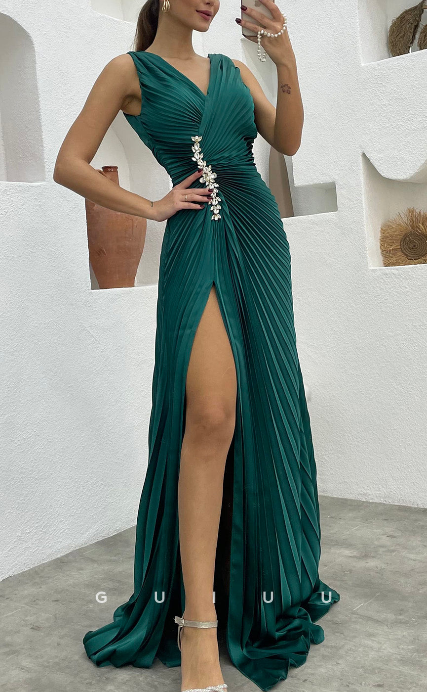 G3490 - Chic & Modern Sheath V-Neck Straps Draped Beaded High Side Slit Floor-Length Ballgown Prom Dress
