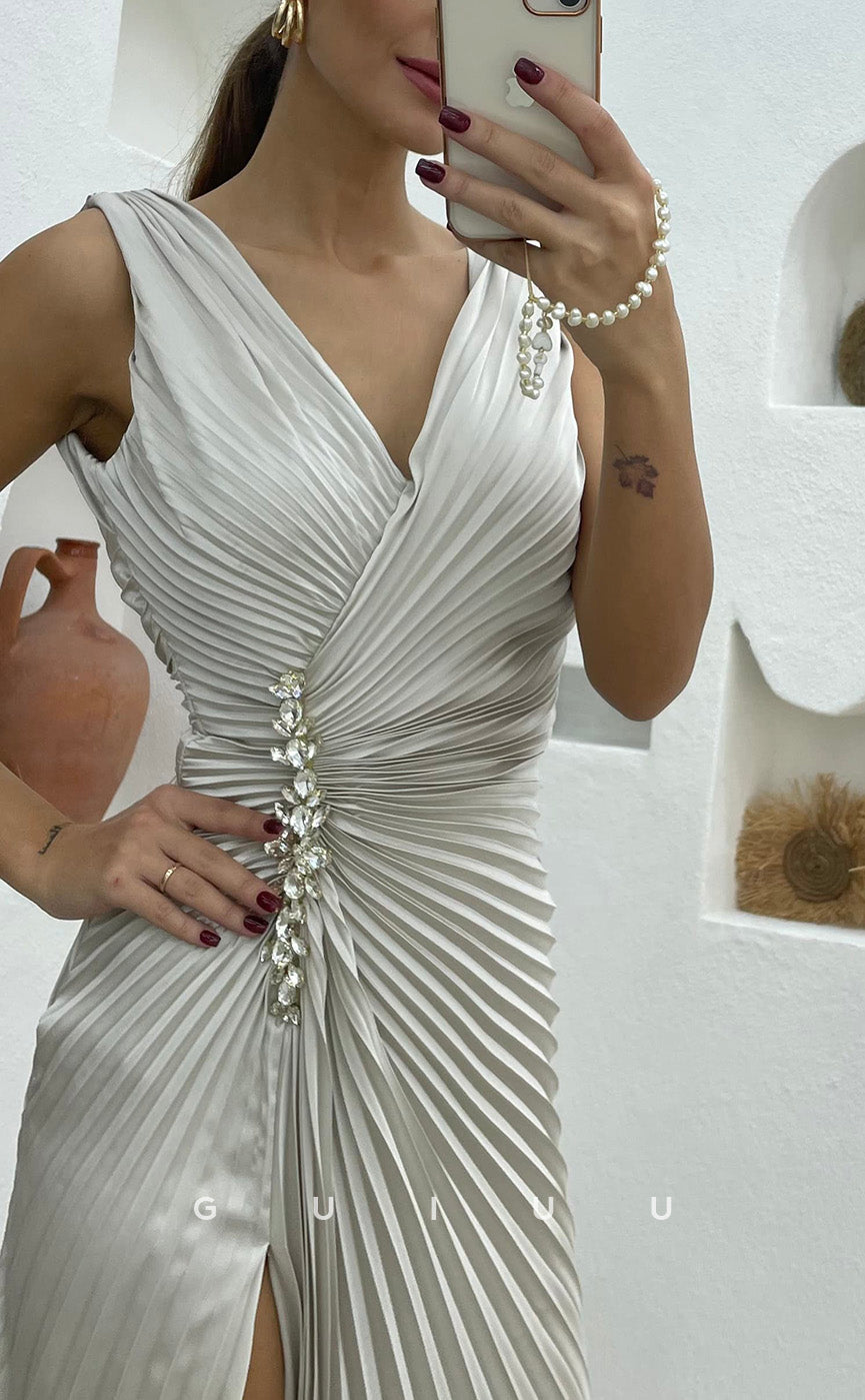 G3490 - Chic & Modern Sheath V-Neck Straps Draped Beaded High Side Slit Floor-Length Ballgown Prom Dress