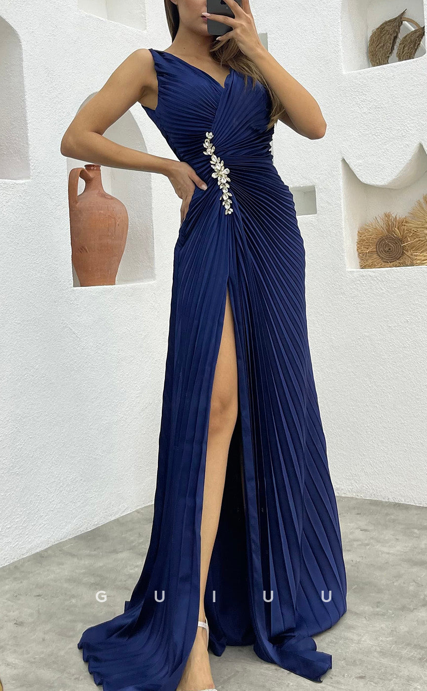 G3490 - Chic & Modern Sheath V-Neck Straps Draped Beaded High Side Slit Floor-Length Ballgown Prom Dress