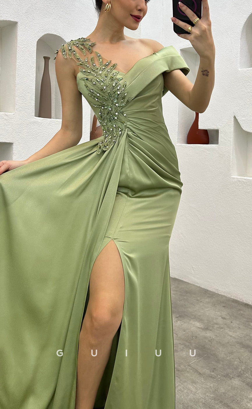G3491 - Chic & Modern Sheath Asymmetrical Beaded High Side Slit Draped Long Party Prom Dress With Sweep Train