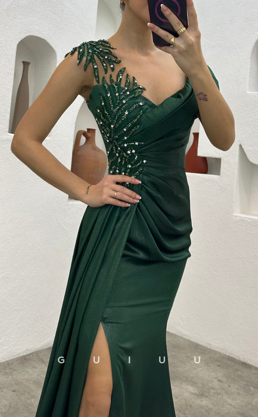 G3491 - Chic & Modern Sheath Asymmetrical Beaded High Side Slit Draped Long Party Prom Dress With Sweep Train