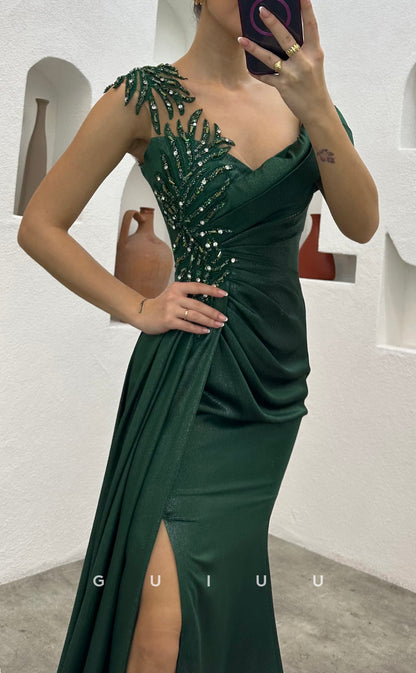 G3491 - Chic & Modern Sheath Asymmetrical Beaded High Side Slit Draped Long Party Prom Dress With Sweep Train