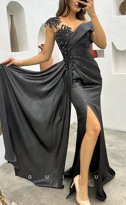 G3491 - Chic & Modern Sheath Asymmetrical Beaded High Side Slit Draped Long Party Prom Dress With Sweep Train