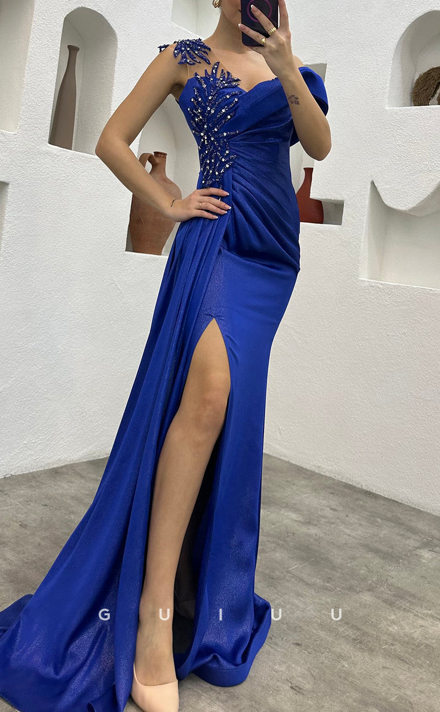 G3491 - Chic & Modern Sheath Asymmetrical Beaded High Side Slit Draped Long Party Prom Dress With Sweep Train