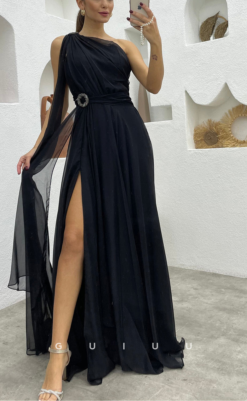 G3494 - Chic & Modern A-Line One Shoulder Sash Draped High Side Slit Floor-Length Ballgown Prom Dress