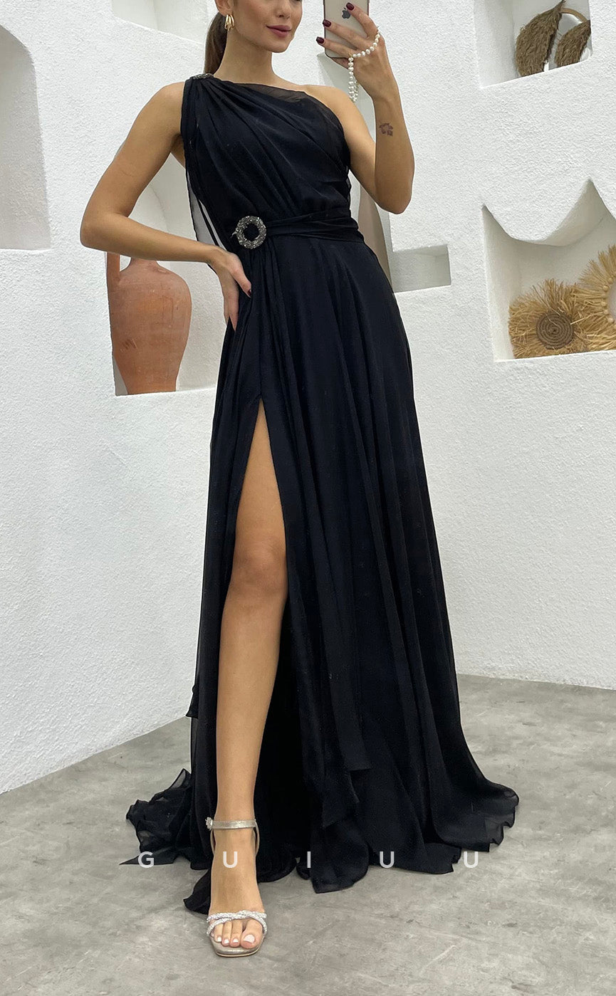 G3494 - Chic & Modern A-Line One Shoulder Sash Draped High Side Slit Floor-Length Ballgown Prom Dress