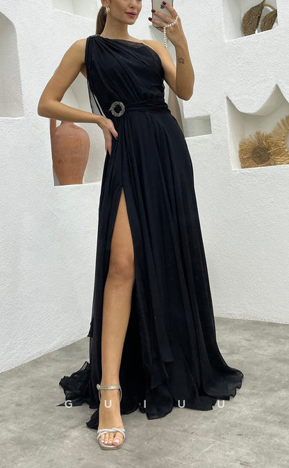 G3494 - Chic & Modern A-Line One Shoulder Sash Draped High Side Slit Floor-Length Ballgown Prom Dress