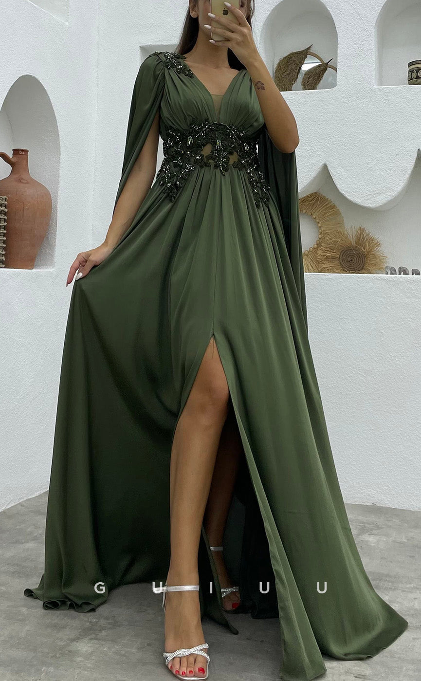 G3496 - Classic & Timeless A-Line V-Neck Straps Beaded Side Slit Floor-Length Ballgown Prom Dress