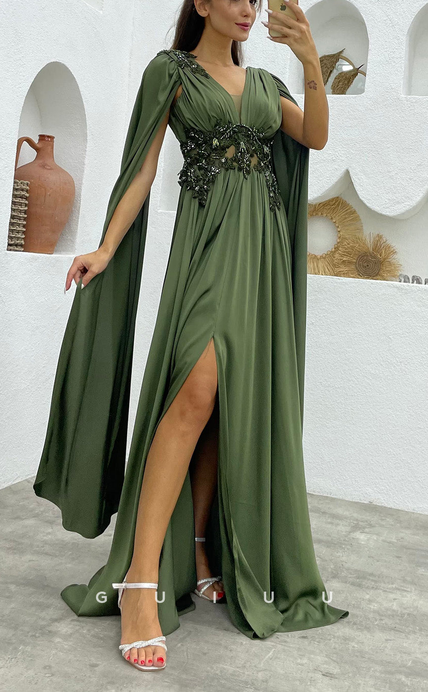 G3496 - Classic & Timeless A-Line V-Neck Straps Beaded Side Slit Floor-Length Ballgown Prom Dress