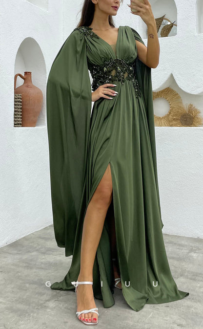 G3496 - Classic & Timeless A-Line V-Neck Straps Beaded Side Slit Floor-Length Ballgown Prom Dress